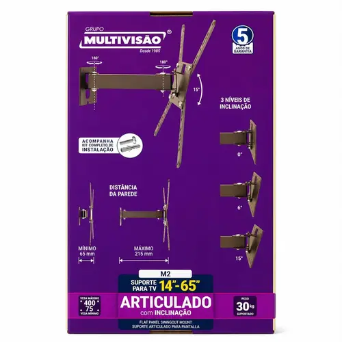 SUPORTE TV BIARTICULADO COM INCLINAÇAO PARA DE 14" A 56" - PRETO