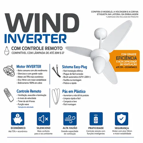VENTILADOR DE TETO WIND INVERTER BIVOLT C/ CONTROLE REMOTO E PAS INJETADAS