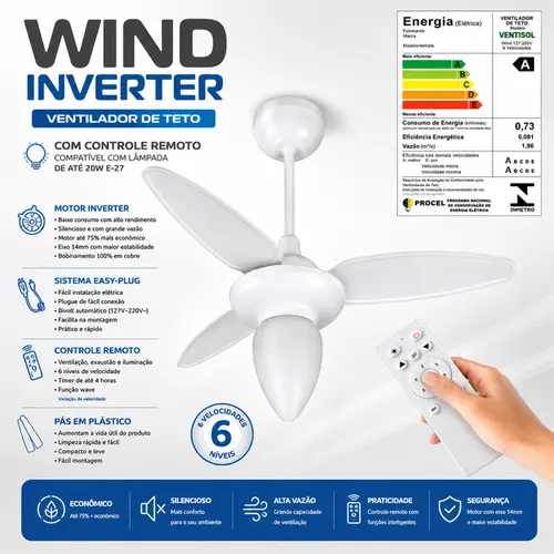 VENTILADOR DE TETO WIND INVERTER BIVOLT C/ CONTROLE REMOTO E PAS INJETADAS