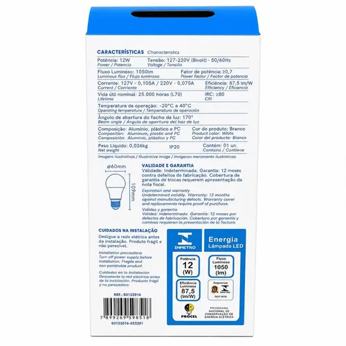 KIT LAMPADA LED 6500K BULBO 12W 10 UNDS