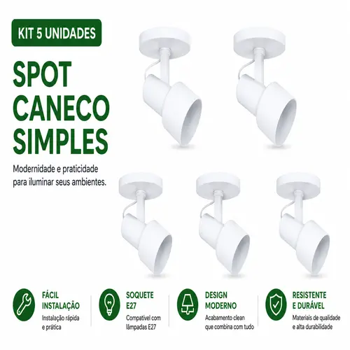 KIT SPOT CANECO SIMPLES E27 BRANCO 5 UNDS