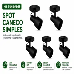 KIT SPOT CANECO SIMPLES E27 PRETO 5 UNDS