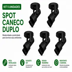KIT SPOT CANECO DUPLO E27 PRETO 5 UNDS