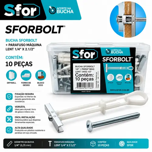 BUCHA SFORBOLT + PARAFUSO MAQUINA LENTE 3/16X2.1/2" 10 PC