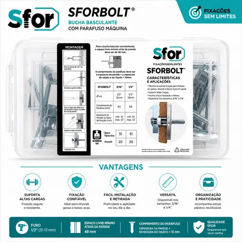 BUCHA SFORBOLT + PARAFUSO MAQUINA LENTE 3/16X2.1/2" 10 PC