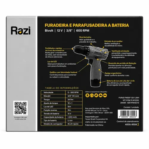 FURADEIRA PARAFUSADEIRA 12V 1,3AH KIT COM 13 ACESS.