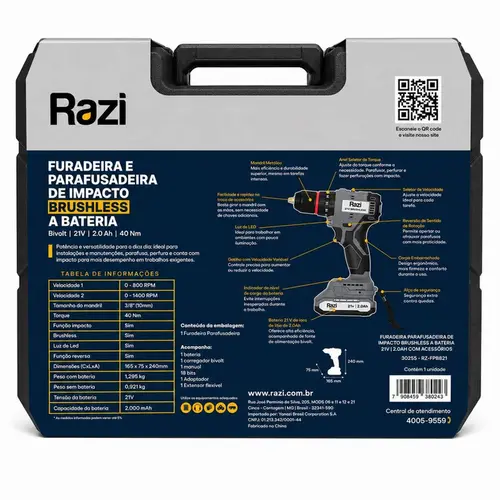 FURADEIRA PARAFUSADEIRA BRUSHLESS 21V 2,0AH C/ AC