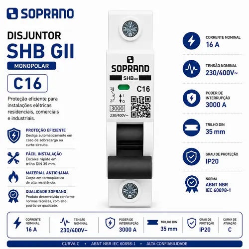 KIT COM 10 UNDS DISJUNTOR MONO SHB1GII DIN 16-A SOPRANO