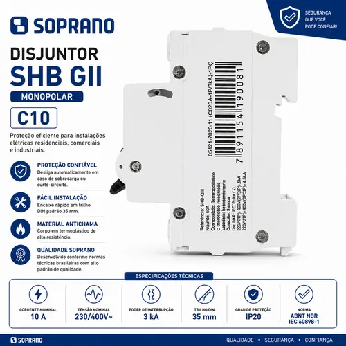 KIT COM 10 UNDS DISJUNTOR MONO SHB1GII DIN 25-A