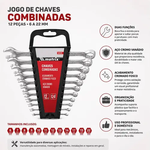 JOGO DE CHAVE COMBINADA CROMO VANADIO CROMO FOSCO 12PCS 6 - 22MM