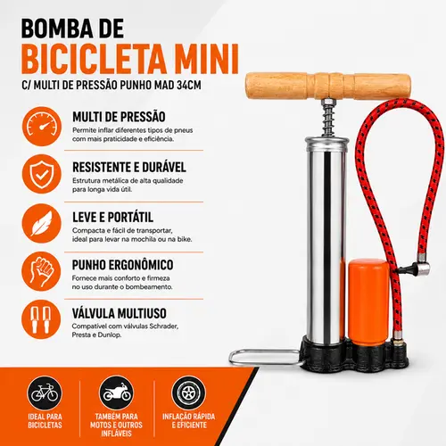BOMBA DE BICICLETA MINI C/MULTI DE PRESSAO PUNHO MAD 34CM