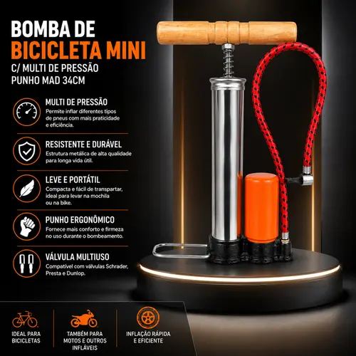 BOMBA DE BICICLETA MINI C/MULTI DE PRESSAO PUNHO MAD 34CM