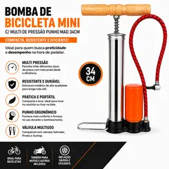 BOMBA DE BICICLETA MINI C/MULTI DE PRESSAO PUNHO MAD 34CM