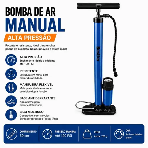 BOMBA DE BICICLETA C/MANOMETRO C/ADAPT P BICO FINO 60CM
