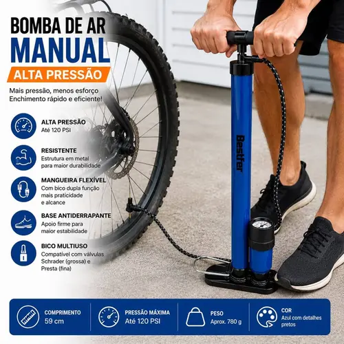 BOMBA DE BICICLETA C/MANOMETRO C/ADAPT P BICO FINO 60CM