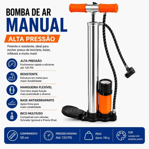 BOMBA DE BICICLETA C/MANO PUNHO METAL EMB (PE PRETO) 59CM