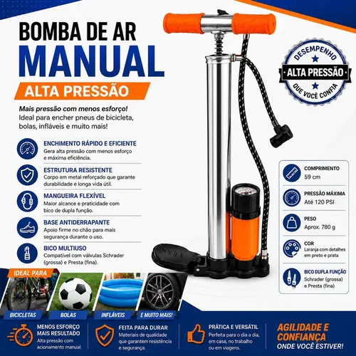 BOMBA DE BICICLETA C/MANO PUNHO METAL EMB (PE PRETO) 59CM