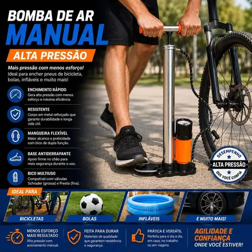 BOMBA DE BICICLETA C/MANO PUNHO METAL EMB (PE PRETO) 59CM