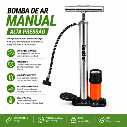 BOMBA DE BICICLETA C/MANOMETRO(PUNHO METAL) 58CM