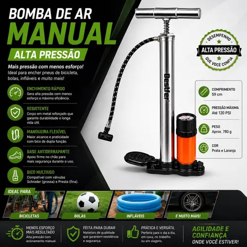BOMBA DE BICICLETA C/MANOMETRO(PUNHO METAL) 58CM