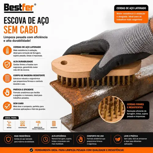 ESCOVA DE ACO RETANGULAR 5 FILEIRAS S/ CABO MADEIRA