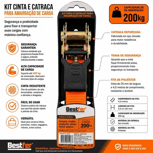 CINTA E CATRACA P/AMARRACAO DE CARGA 200KG 2.5CMX4.5M 1PC