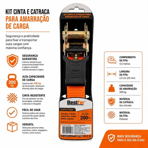 CINTA E CATRACA P/AMARRACAO DE CARGA 200KG 2.5CMX4.5M 1PC