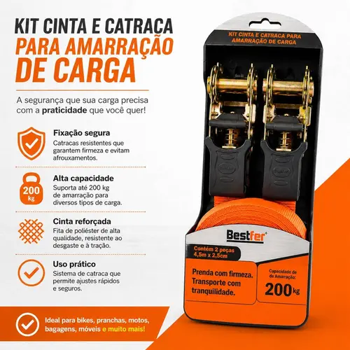 KIT CATRACA P/AMARRACAO DE CARGA 200KG 2,5CMX4,5M 2PC